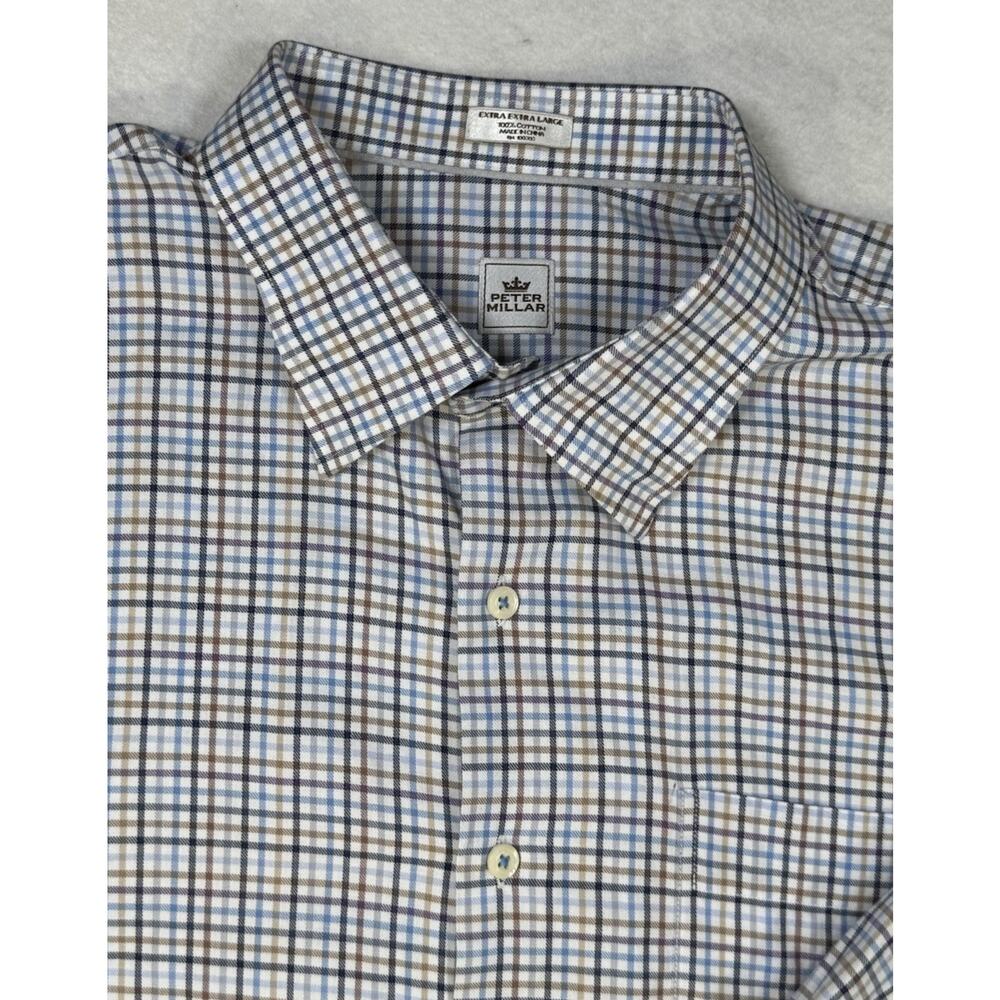 Peter Millar Mens XXL Plaid Button Down Shirt Blue Brown White 100% Cotton
